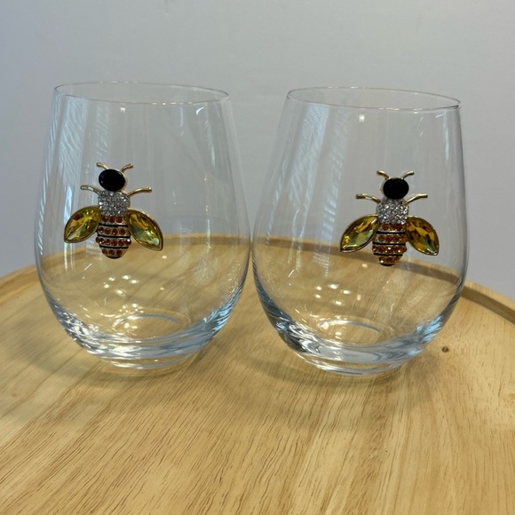 Rachel Zoe Bumble Bee Stemless Wine Glasses Tumblers Set Of 2 - Picture 1 of 6